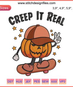 Pumpkin Boy on Skateboard Embroidery Design File | Halloween Costume | Creep It Real | Digital Pattern
