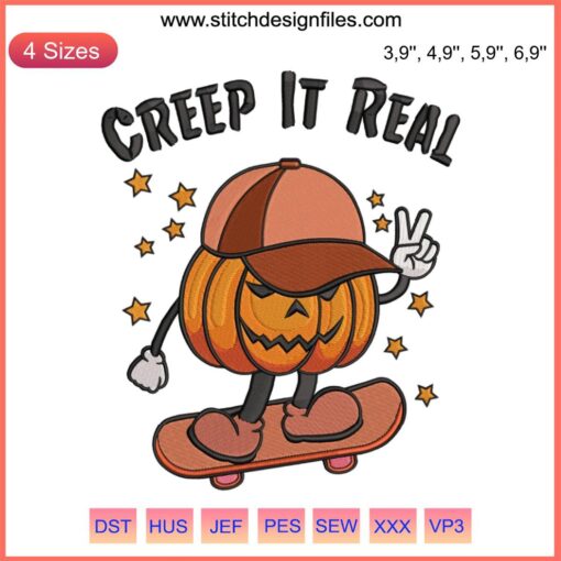 Pumpkin Boy on Skateboard Embroidery Design File | Halloween Costume | Creep It Real | Digital Pattern