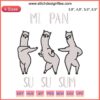 Dancing llamas with "Mi Pan Su Su Sum" text embroidery design, funny TikTok song theme. Perfect for DIY embroidery projects.