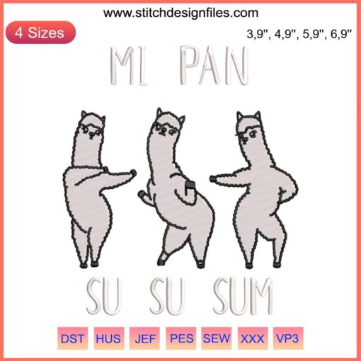 Dancing llamas with "Mi Pan Su Su Sum" text embroidery design, funny TikTok song theme. Perfect for DIY embroidery projects.