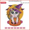 Unicorn with witch hat and pumpkin embroidery design, Halloween-themed, perfect for machine embroidery projects.