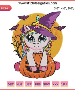 Unicorn with witch hat and pumpkin embroidery design, Halloween-themed, perfect for machine embroidery projects.