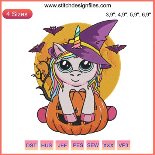 Unicorn with witch hat and pumpkin embroidery design, Halloween-themed, perfect for machine embroidery projects.
