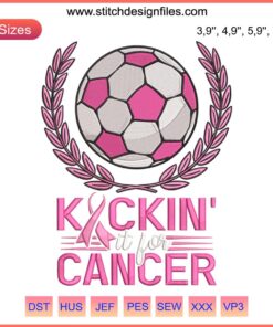 Pink ribbon with soccer ball embroidery design for breast cancer awareness, "Kickin It for Cancer" machine file.