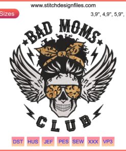 Skull Messy Bun Afro Mama Halloween Embroidery Design | Bad Moms Club | Machine Embroidery | Spooky Stylish Pattern