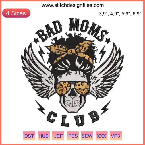 Skull Messy Bun Afro Mama Halloween Embroidery Design | Bad Moms Club | Machine Embroidery | Spooky Stylish Pattern