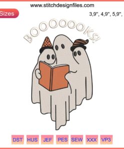 Cute ghost reading books embroidery design, spooky Halloween library theme, Booooks machine design, perfect for book lovers.