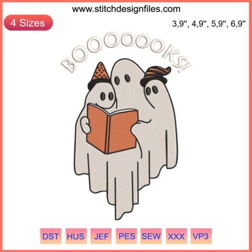 Cute ghost reading books embroidery design, spooky Halloween library theme, Booooks machine design, perfect for book lovers.