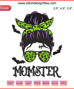 Leopard Momster Bun Halloween Embroidery Design: Trendy Messy Bun with Shading, Ideal for Halloween Outfit Machine Embroidery.