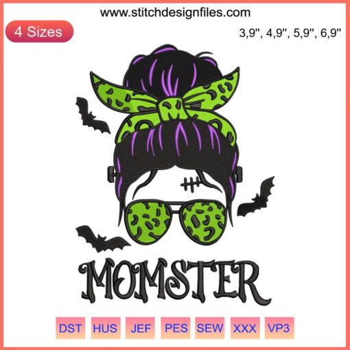 Leopard Momster Bun Halloween Embroidery Design: Trendy Messy Bun with Shading, Ideal for Halloween Outfit Machine Embroidery.