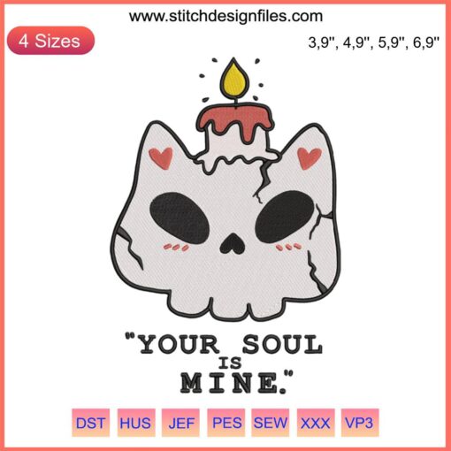 Skull cat with candle: Halloween embroidery "Your Soul Is Mine" design. Spooky feline craft pattern for seasonal decor.