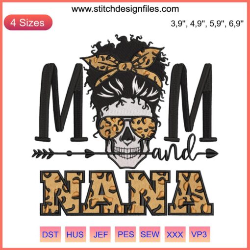 Leopard embroidery design with "Mom" and "Nana" text, perfect Mother's Day gift. Unique and stylish leopard-themed present.