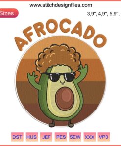 Afrocado embroidered design featuring a vintage-style cute avocado with an afro; unique gift idea for avocado lovers.