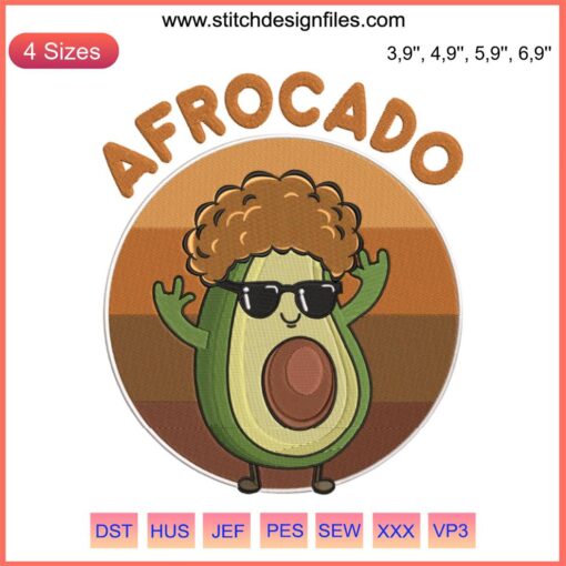 Afrocado embroidered design featuring a vintage-style cute avocado with an afro; unique gift idea for avocado lovers.