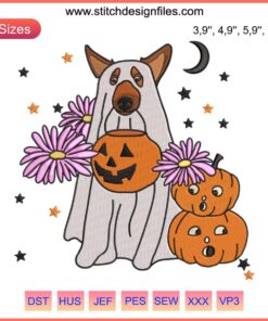 Cute Dog Ghost Halloween Embroidery with Pumpkin, Spooky & Adorable DIY Design, Perfect for Festive Crafts & Gifts