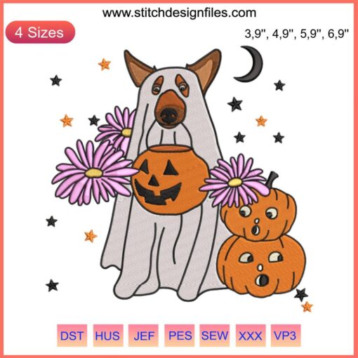 Cute Dog Ghost Halloween Embroidery with Pumpkin, Spooky & Adorable DIY Design, Perfect for Festive Crafts & Gifts