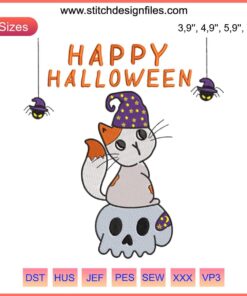 Cute Halloween Embroidery: Adorable Kitten with Skull, Spooky Season Design, Perfect for Halloween Decor and Crafts