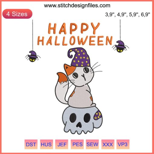 Cute Halloween Embroidery: Adorable Kitten with Skull, Spooky Season Design, Perfect for Halloween Decor and Crafts