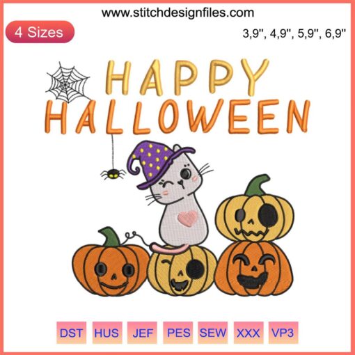 Cute Halloween embroidery featuring a cat dressed as a witch with a pumpkin, perfect for kids' Halloween crafts.