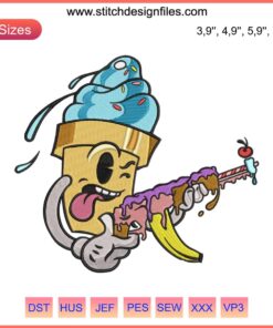 Ice Cream Gangsta Embroidery Design: Cartoon ice cream cone with sunglasses, graffiti-style text, funny street art graphic.