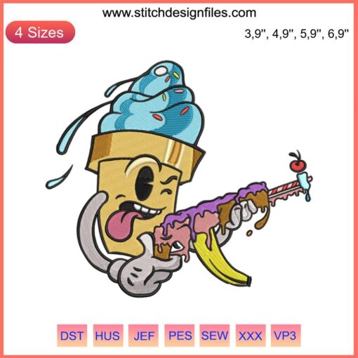 Ice Cream Gangsta Embroidery Design: Cartoon ice cream cone with sunglasses, graffiti-style text, funny street art graphic.