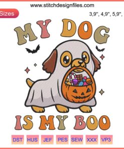Kawaii Ghost Puppy Embroidery: Adorable Halloween My Dog Is My Boo Design - Perfect for Pet Lovers & Festive Decor