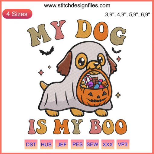 Kawaii Ghost Puppy Embroidery: Adorable Halloween My Dog Is My Boo Design - Perfect for Pet Lovers & Festive Decor