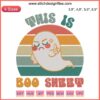 Retro ghost embroidery design with "This Is Boo Sheet" text, ideal for Halloween-themed crafts. Digital embroidery machine file.