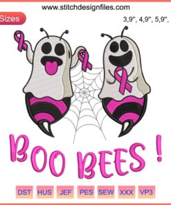 Whimsical "Boo Bees" ghost bees embroidery design, perfect for Halloween, celebrating Breast Cancer Awareness with humor.