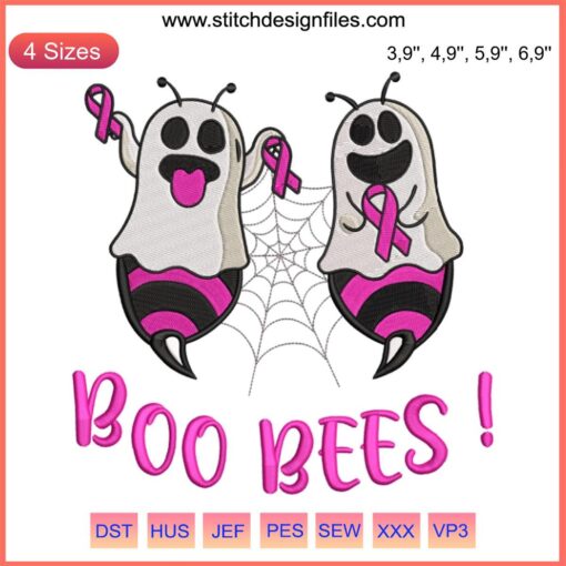 Whimsical "Boo Bees" ghost bees embroidery design, perfect for Halloween, celebrating Breast Cancer Awareness with humor.