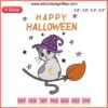 Embroidery design of a cute Halloween kitten dressed as a witch, featuring a hat and broomstick, perfect for 2022 Halloween crafts.