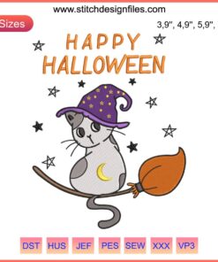 Embroidery design of a cute Halloween kitten dressed as a witch, featuring a hat and broomstick, perfect for 2022 Halloween crafts.