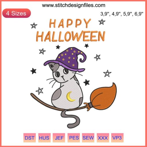 Embroidery design of a cute Halloween kitten dressed as a witch, featuring a hat and broomstick, perfect for 2022 Halloween crafts.