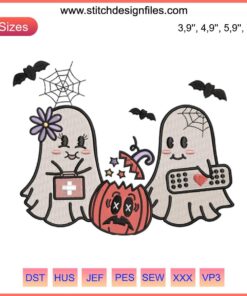 "Adorable Retro Ghosts Embroidery: Groovy Halloween Gift Design with Colorful, Vintage-style Ghost Patterns for Festive Decor."