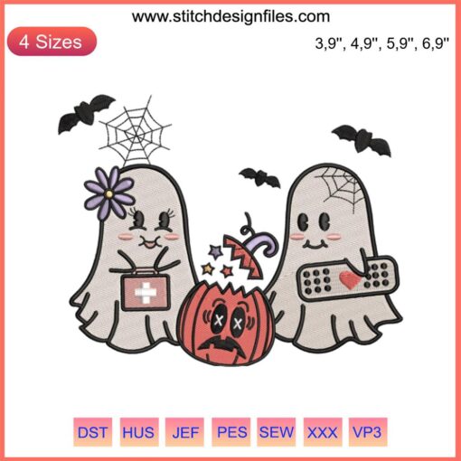 "Adorable Retro Ghosts Embroidery: Groovy Halloween Gift Design with Colorful, Vintage-style Ghost Patterns for Festive Decor."