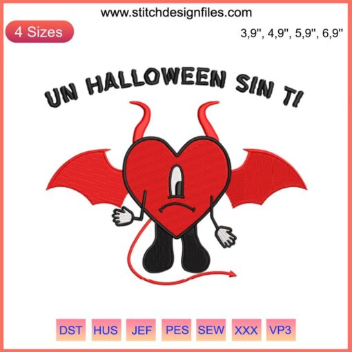 Devil Sad Heart Bad Bunny Embroidery Design - "Un Halloween Sin Ti" Theme, Unique Halloween Digital Pattern