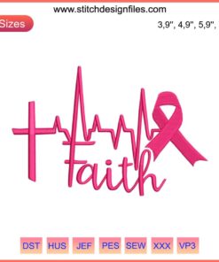 Faith Cross Heartbeat Ribbon design for Breast Cancer Awareness embroidery, featuring Christian Survivor theme.