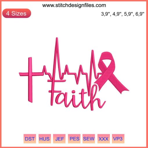 Faith Cross Heartbeat Ribbon design for Breast Cancer Awareness embroidery, featuring Christian Survivor theme.