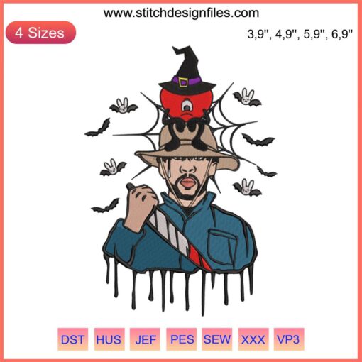 Bad Bunny Halloween Embroidery: Michael Myers Witch Heart Horror Design, spooky Halloween decor, embroidery pattern.