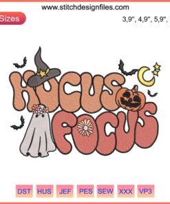 Retro Cute Ghost Embroidery: "Hocus Focus Groovy Funny" Halloween Costume Design, Nostalgic 60s Style Spirit with Funky Motifs.