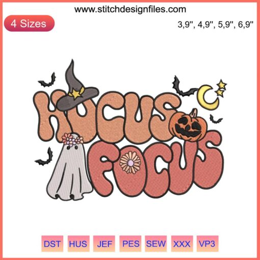 Retro Cute Ghost Embroidery: "Hocus Focus Groovy Funny" Halloween Costume Design, Nostalgic 60s Style Spirit with Funky Motifs.