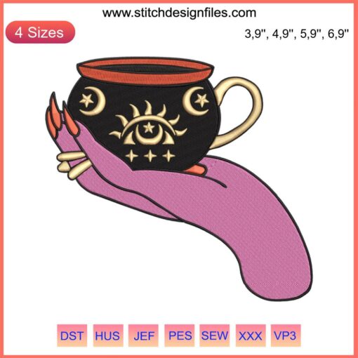 Witch Hand Embroidery with "Bad Witch Vibes" text, spooky Halloween design, green hand silhouette, purple background, embroidery art.