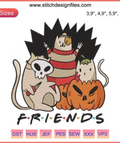 Cats Squad Spooky Pumpkin Embroidery: Friends Halloween Design with Feline Characters and Festive Pumpkins.