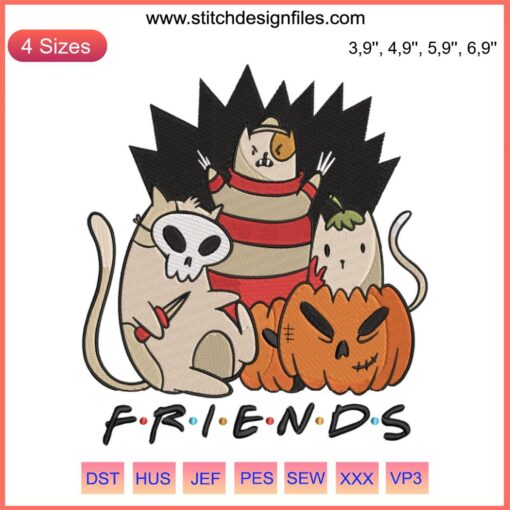 Cats Squad Spooky Pumpkin Embroidery: Friends Halloween Design with Feline Characters and Festive Pumpkins.