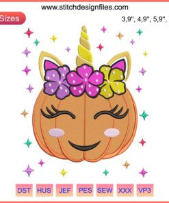 Whimsical Pumpkin Unicorn Embroidery Design: Magical Halloween-themed Unicorn Machine File, perfect for crafting projects.