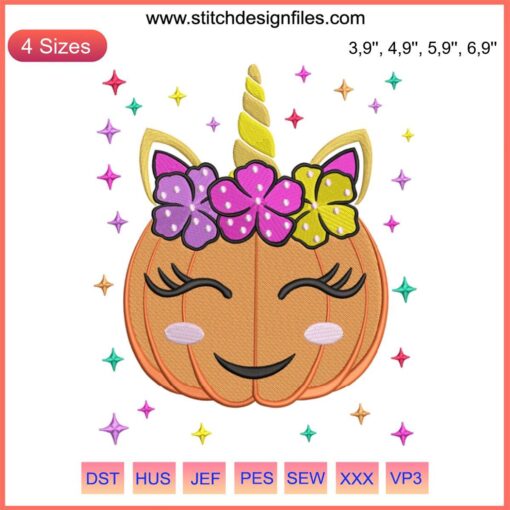 Whimsical Pumpkin Unicorn Embroidery Design: Magical Halloween-themed Unicorn Machine File, perfect for crafting projects.