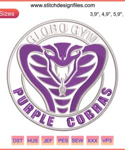 Globo Gym Purple Cobras embroidered logo design for dodgeball, featuring a stylized cobra and gym-themed elements.