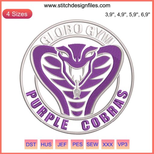 Globo Gym Purple Cobras embroidered logo design for dodgeball, featuring a stylized cobra and gym-themed elements.