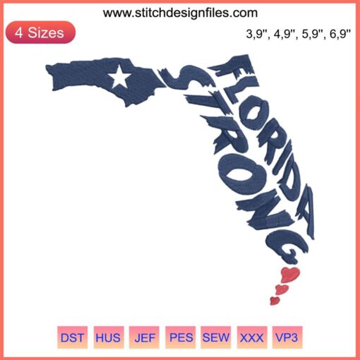 Florida Strong Embroidery Design: Florida state map with American flag colors, patriotic theme, inspirational, Made in USA.