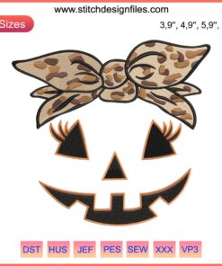 Pumpkin Halloween Embroidery with Leopard Jack-o-Lantern, Women Girls Design, Festive Fashion, Stylish Seasonal Decor